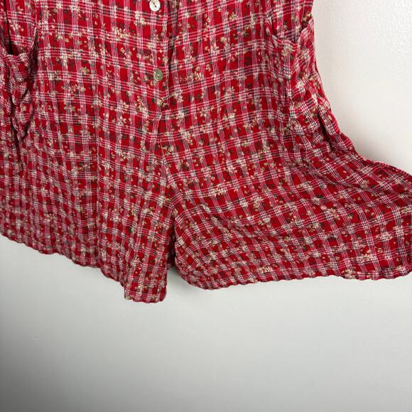 Vintage 90s Express Red Romper Jumpsuit Button Front Pockets Plaid Floral 9/10 M - Picture 3 of 8
